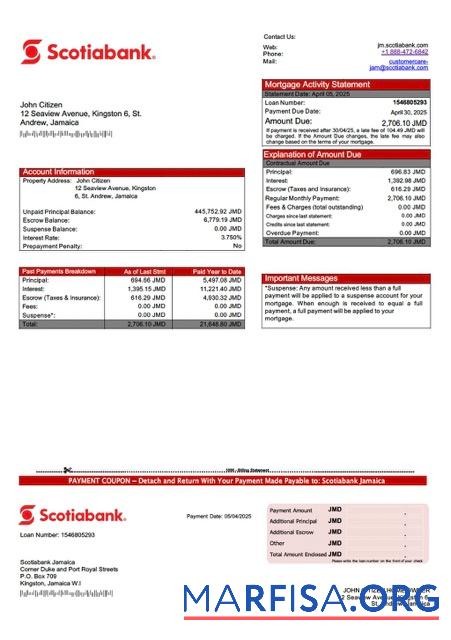 Printable Jamaica Scotiabank mortgage statement Word and PDF template